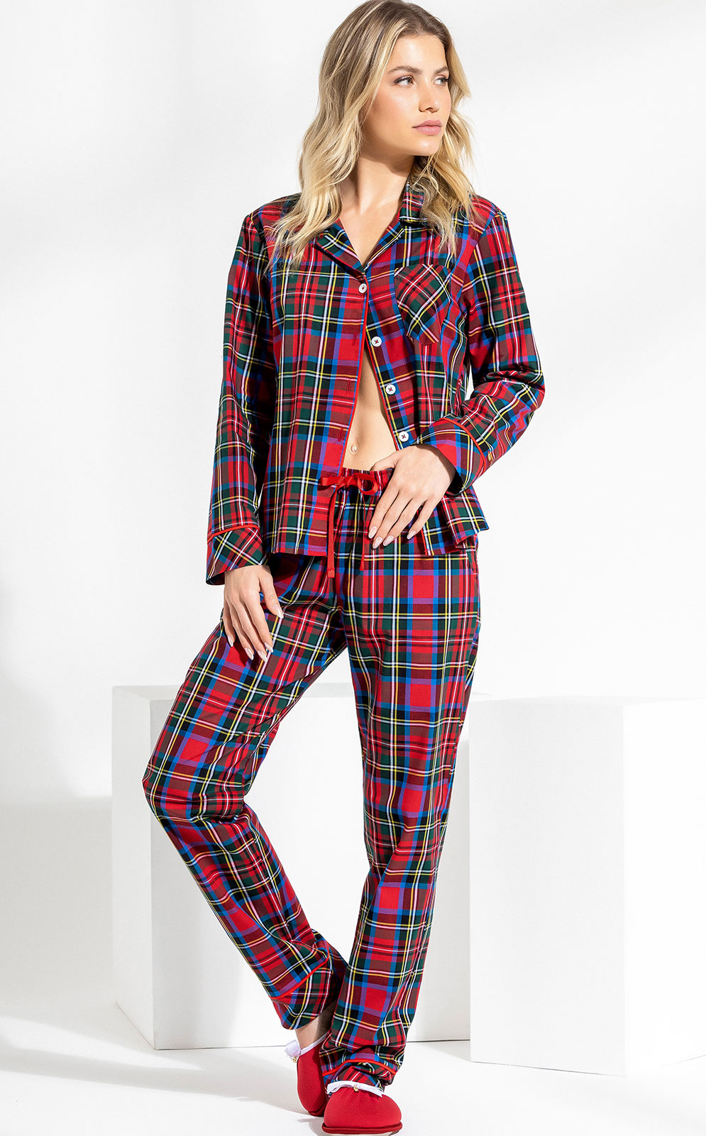 Conjunto de blusa e calça pijama Impressão xadrez Bolso remendado