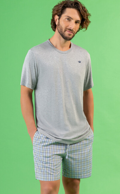 Camiseta Manga Curta com Bermuda Xadrez Verde