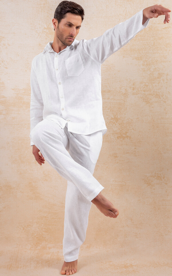Pijama Americano Masculino Manga Longa com Calça Puro Linho Branco