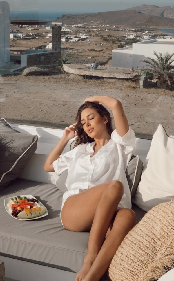 Pijama Americano Manga Ampla com Shorts Pura Seda White Vincenza