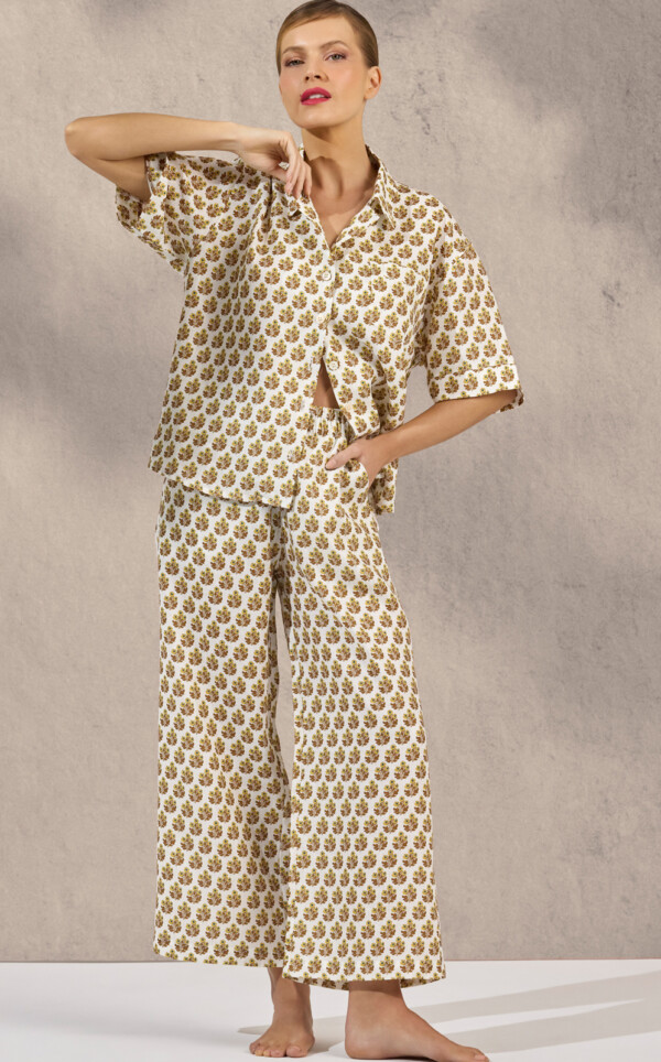 Pijama Americano Manga Curta com Calça Puro Linho Autumn