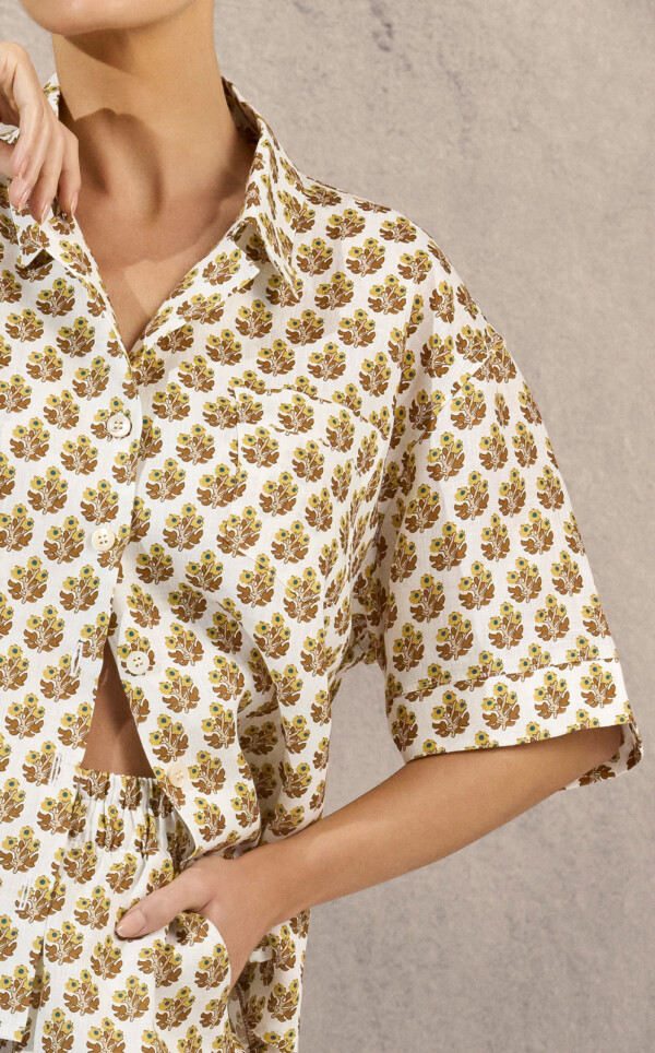 Pijama Americano Manga Curta com Calça Puro Linho Autumn