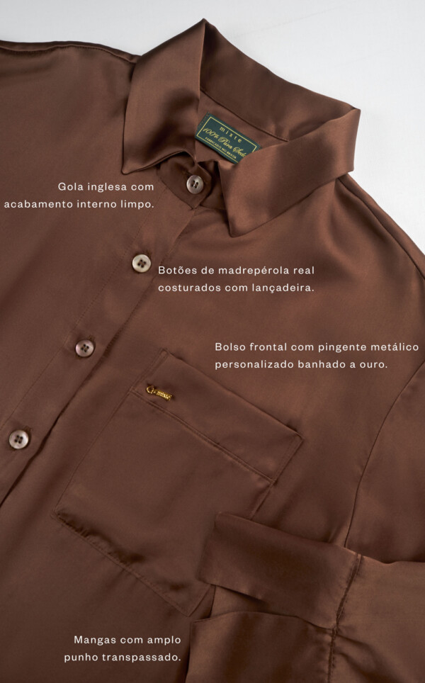 Camisola Abotoada com Shorts Pura Seda Brown Vincenza