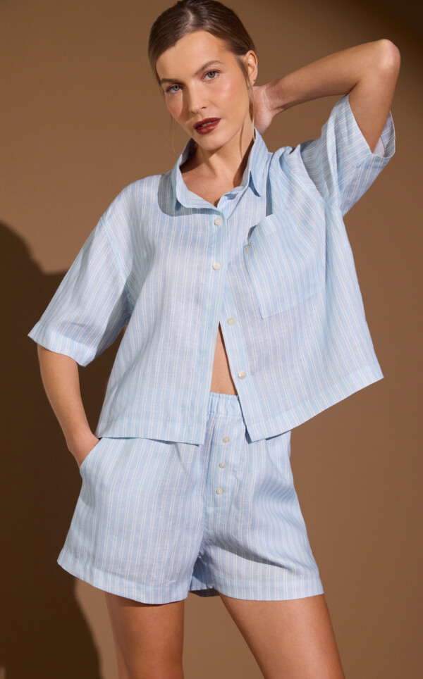 Pijama Ameircano Manga Curta com Shorts Puro Linho Harper